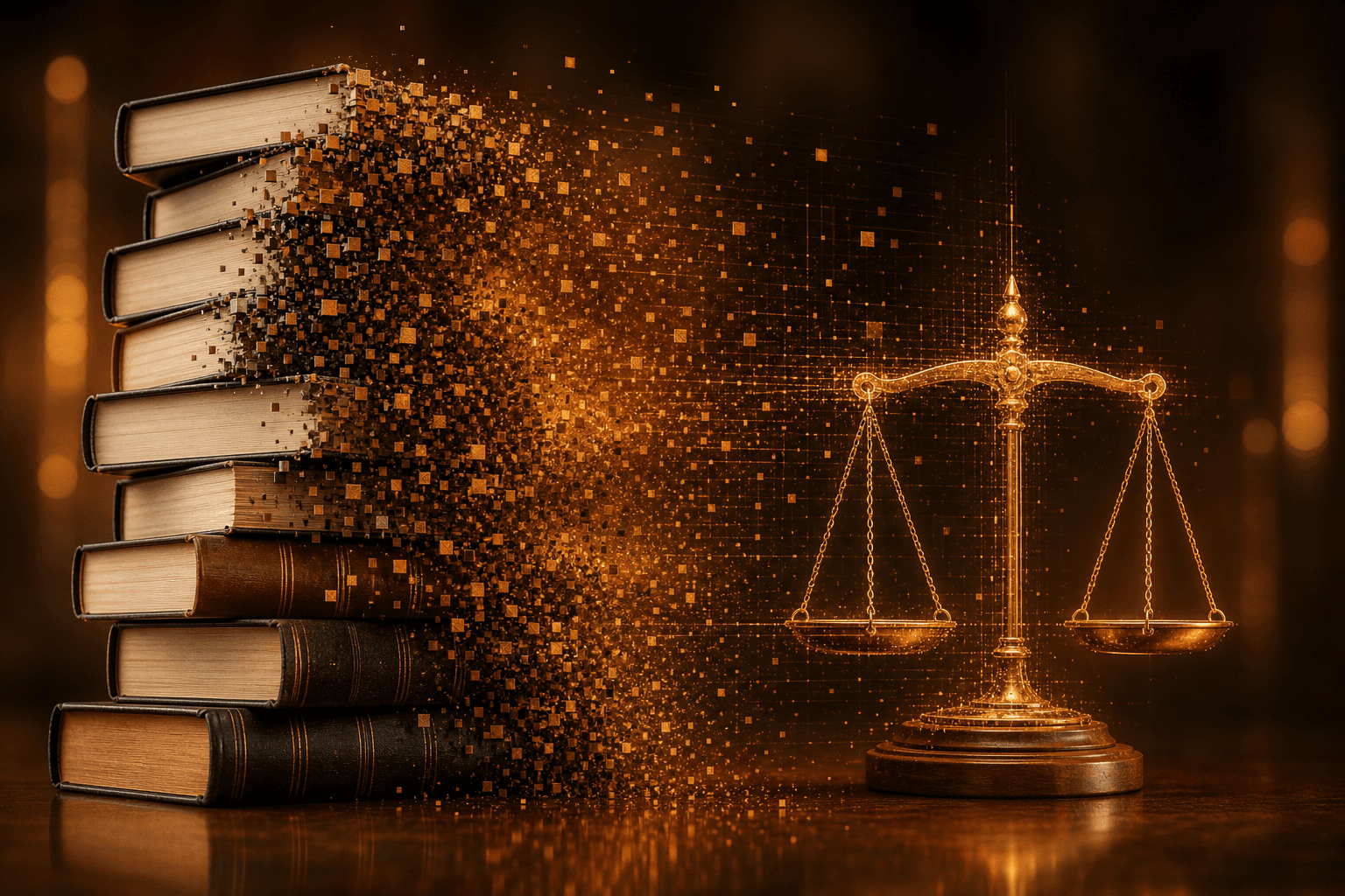 پشتهٔ کتاب که به ذرات دیجیتال و ترازوی عدالت تبدیل میشود؛ نماد توافق حق نشر Anthropic